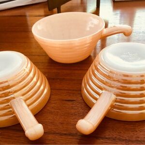 Fire King Vintage Iridescent Peach Luster Milk Glass soup or chili bowls.